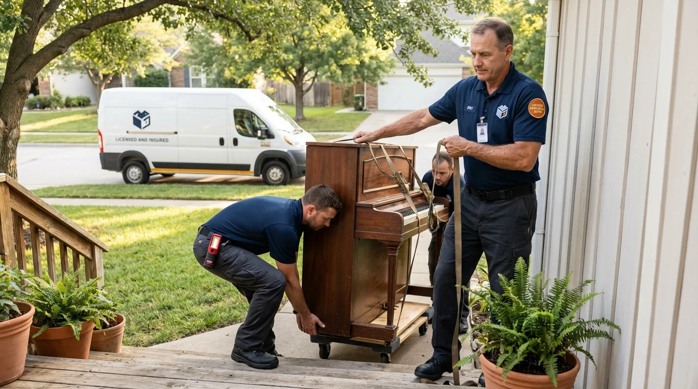 Licensed piano movers securing grand piano in Wasilla, AK