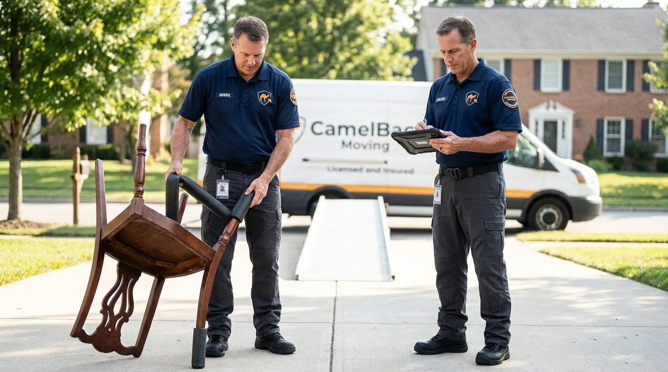 Movers inspecting furniture for damage prevention before loading in Wasilla, AK